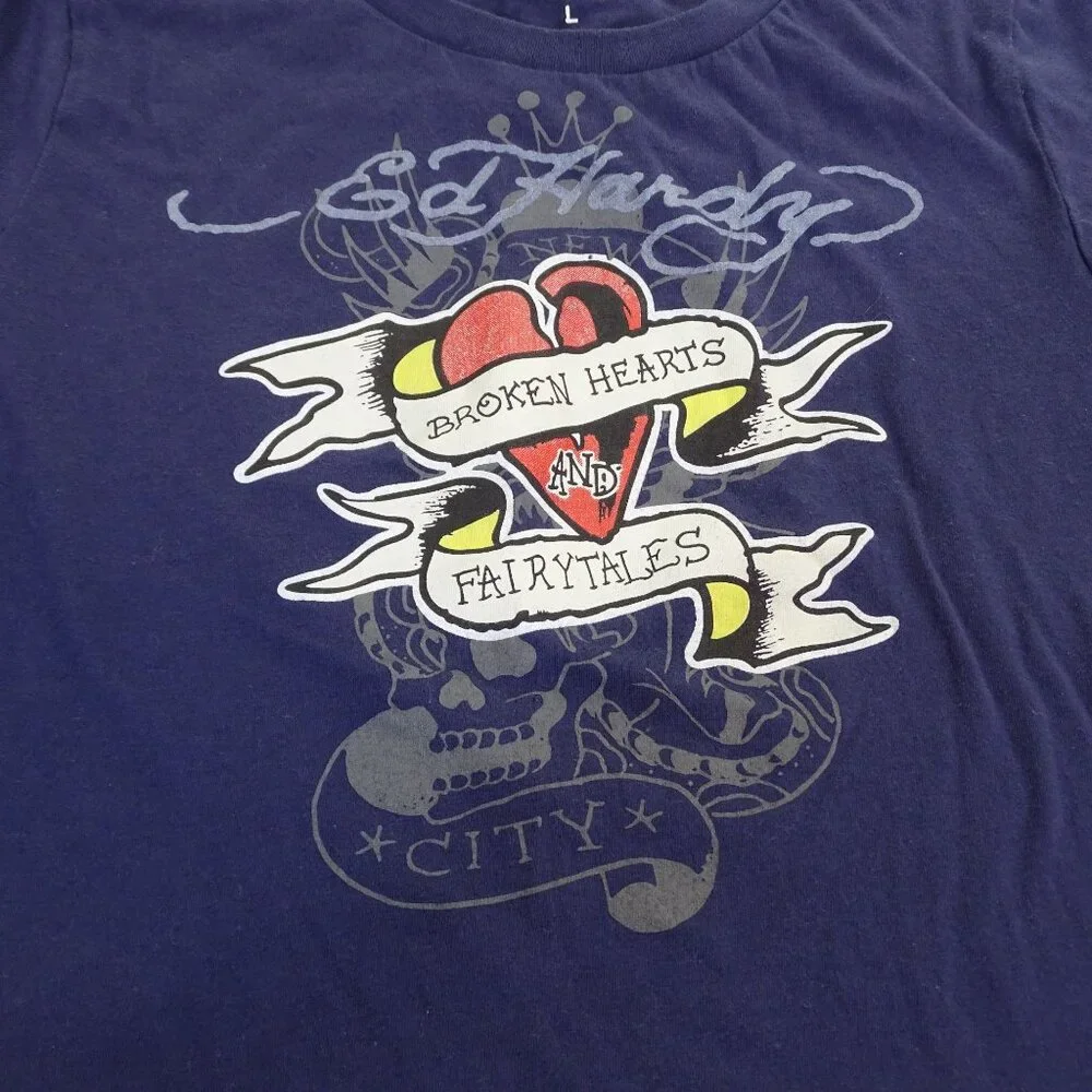 Ed Hardy Graphic Cropped T-shirt Blue Women Size L Y2K Indie Tattoo Art Grunge - Picture 3 of 11